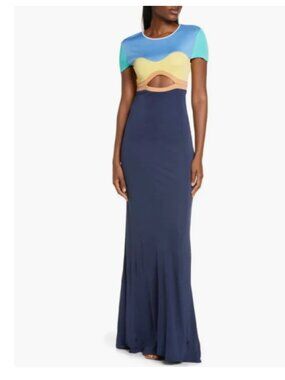 NWT Staud Piera Colorblock Cutout‎ Column Gown in Cool Ocean Multi